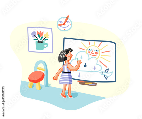 Girl drawing in classroom flat illustration