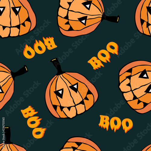 Pumpkins, funny faces,  boo text, cartoon characters on dark blue background. Vector seamless pattern.
