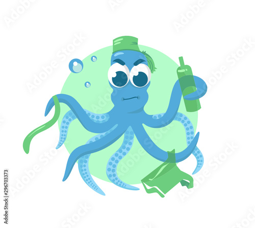Ocean pollution \ octopus tragically caught in the remains of a plastic \  unhappy octopus