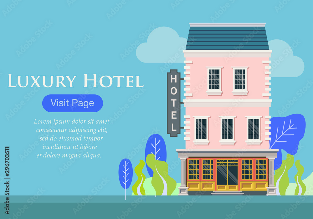 Flat illustration of a luxury hotel building and classic style. Web page design concepts for the promotion of vacation lodging venues. Luxury five star hotel exterior design.