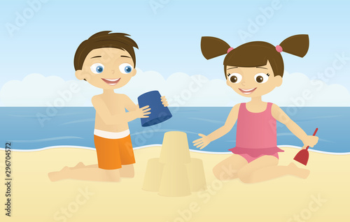 Kids building a sandcastle on the beach