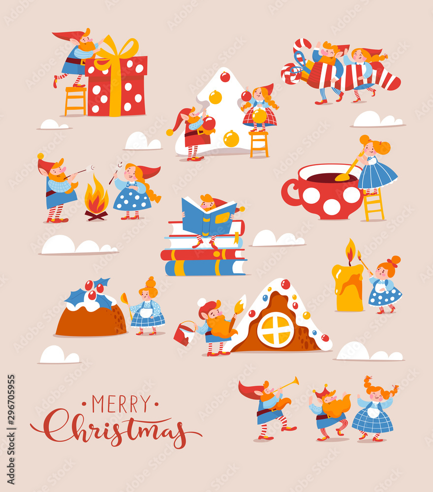 Merry Christmas poster with cute elf characters celebrate Christmas
