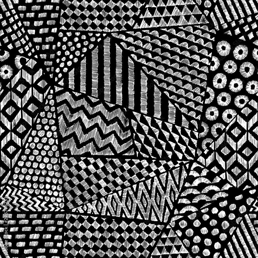 Seamless black and white pattern in patchwork style. Ethnic and tribal motifs. Pencil ornament. Grunge texture. Doodle print for textiles. Vector illustration.