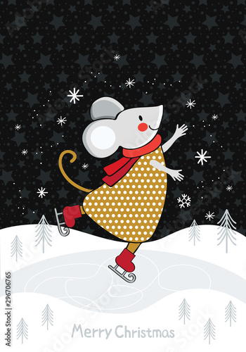 Christmas or new year card in vector. Cartoon mouse skating on ice among the snowdrifts on a background of the starry sky. Cute mice engaged in winter sports. Figure skating.