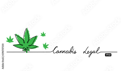 Hemp, cannabis, marijuana, weed legal shop banner. Simple one line drawing vector background with cannabis, marijuana, weed leaf.
