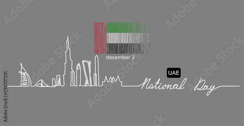 United Arab Emirates (UAE) National Day, December 2. UAE Flag and Dubai hand drawn skyline.