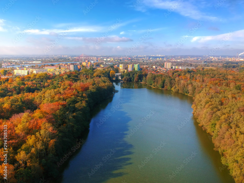 Amazing autumnal landscape of lake in the forest, Gdansk. Poland