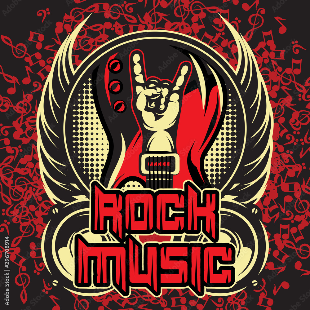 Vector color template of invitation poster on rock music theme with hand, guitar and wings