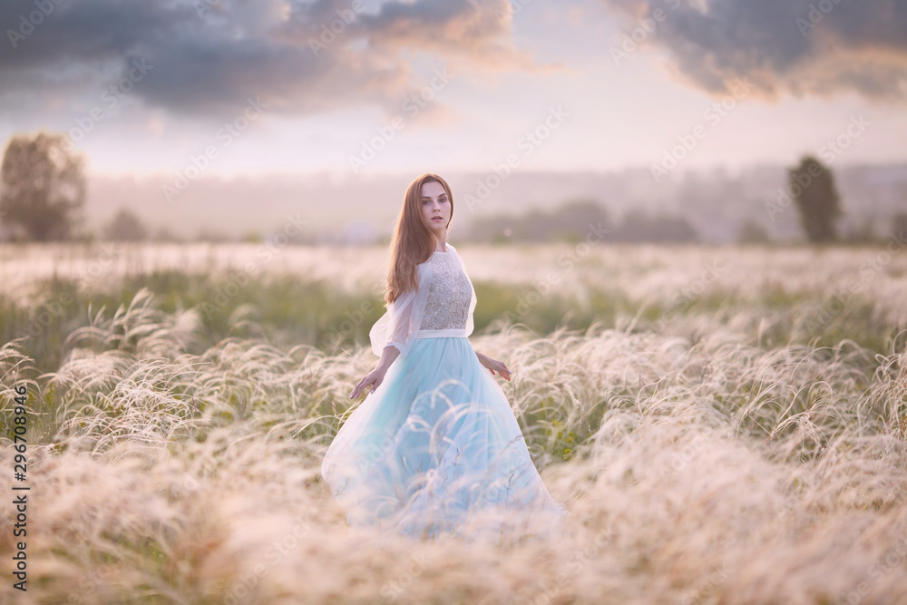 girl walk in the field against the sunset, the bride against the sunset girl walk in the field against the sunset, the bride against the sunset