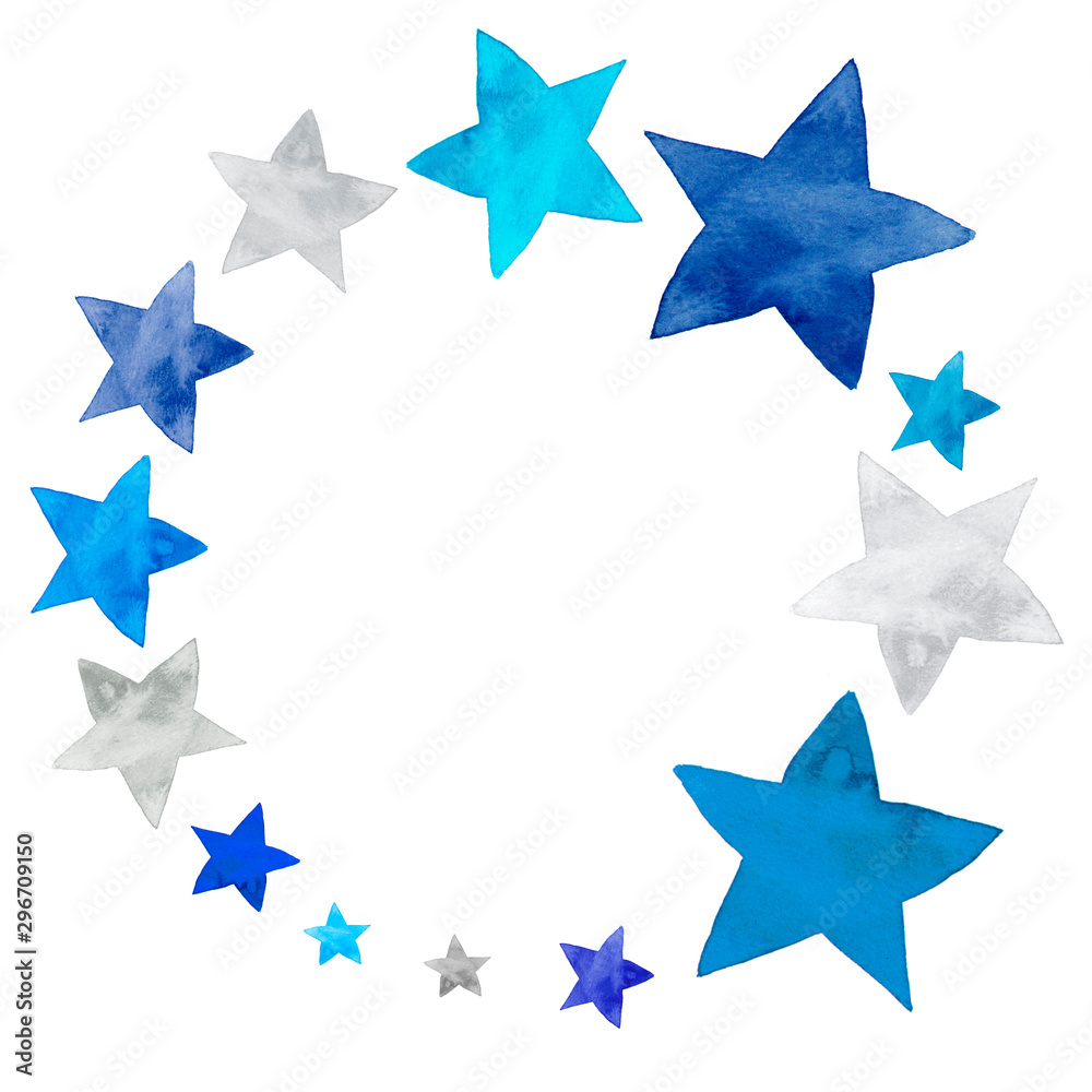Watercolor illustration of blue ink stars set in shape of frame