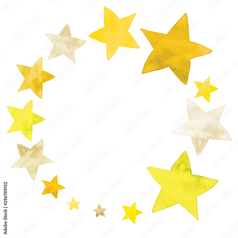 Isolated watercolor illustration of yellow stars set in shape of frame