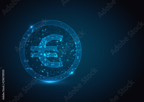 Abstract mash line and point Euro coin sign. Low poly coin in motion, lines and connected to form, vector illustration.