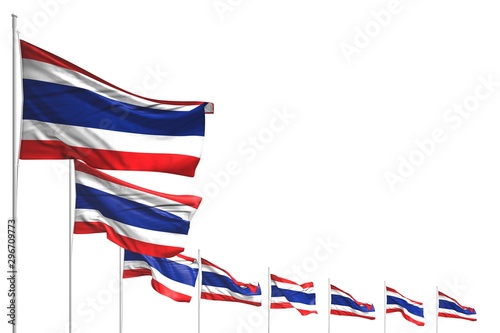 wonderful many Thailand flags placed diagonal isolated on white with space for text - any occasion flag 3d illustration..