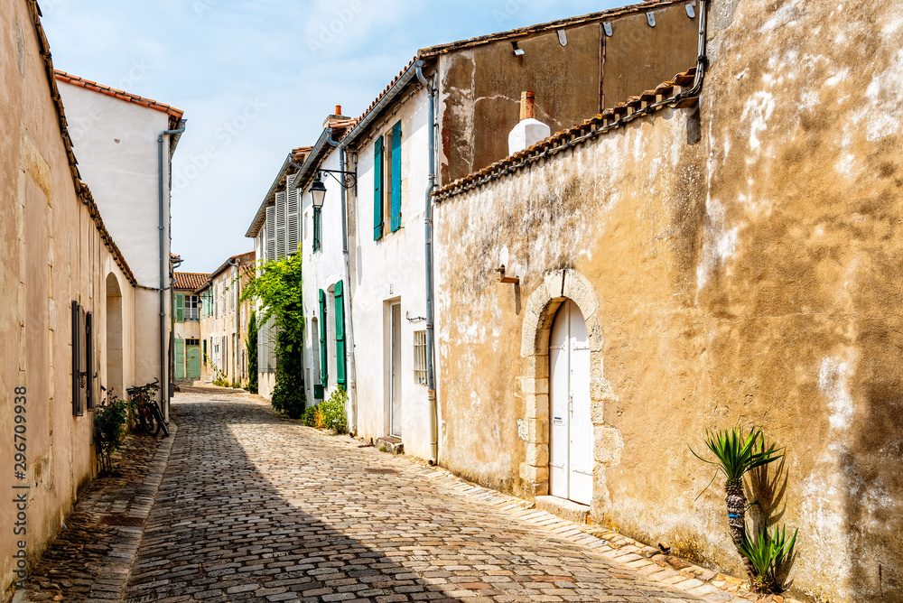 Picturesque street with traditional old houses in Saint Martin de Re. Island of Re