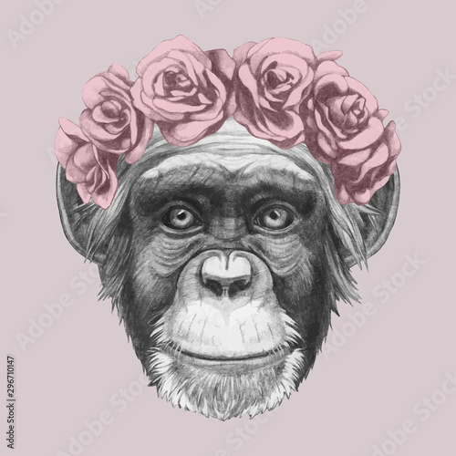 Portrait of Monkey with floral head wreath. Hand-drawn illustration of dog. Vector isolated elements. © Victoria Novak