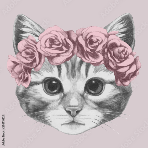 Portrait of Kitten with floral head wreath. Hand-drawn illustration of dog. Vector isolated elements.