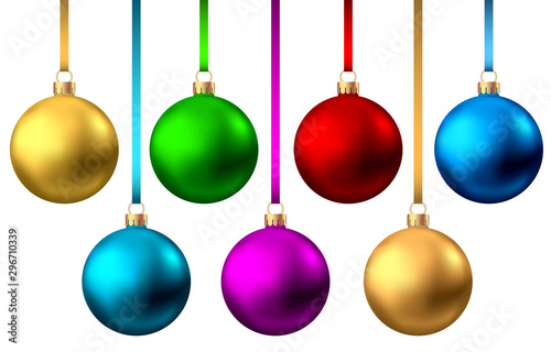 Realistic  red, gold, blue, green,  purple  Christmas  balls.