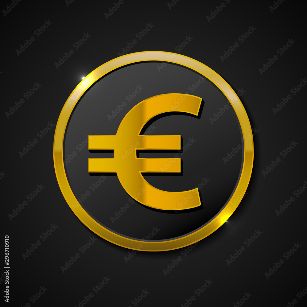 Euro currency sign circular gold vector web button icon. Vector illustration on black background. Euro currency sign circular gold vector web button icon. Vector illustration on black background.