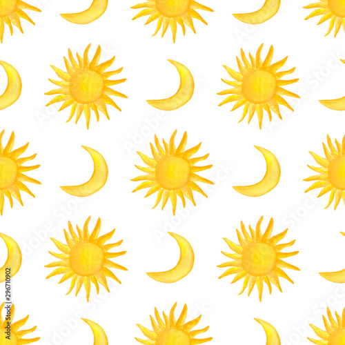 Watercolor weather forecast seamless pattern. Hand drawn sun, moon, rain and clouds pattern. Isolated background Cloth design. White background. Weather watercolor illustration. Decoration