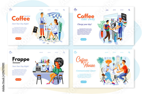 Coffee house flat vector web pages set