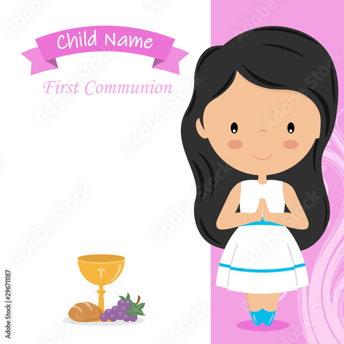 Communion Card. Little girl praying. Space for text