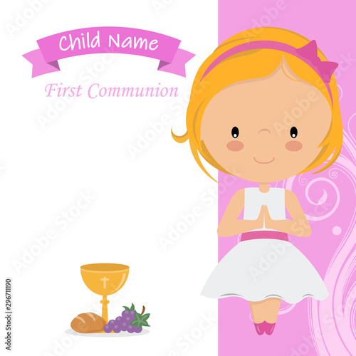 Communion Card. Little girl praying. Space for text