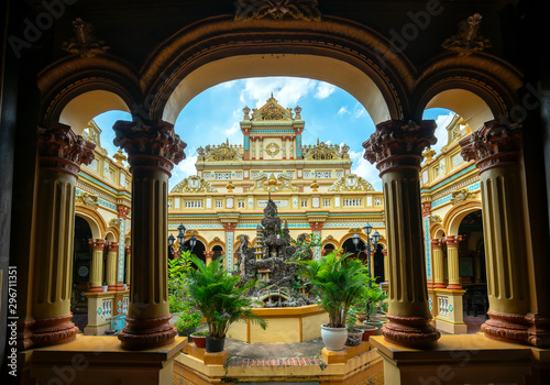 View of the inside of the Vinh Trang Temple in My Tho, Vietnam with patterns of 19th-century culture in southern Vietnam