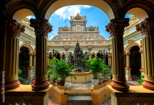 View of the inside of the Vinh Trang Temple in My Tho, Vietnam with patterns of 19th-century culture in southern Vietnam