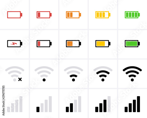 Phone bar status Icons, battery Icon, charge level, wifi signal strength.