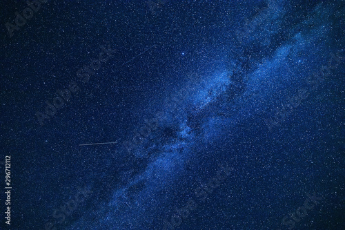 Night sky background with milky way in deep blue color. Starry sky texture.