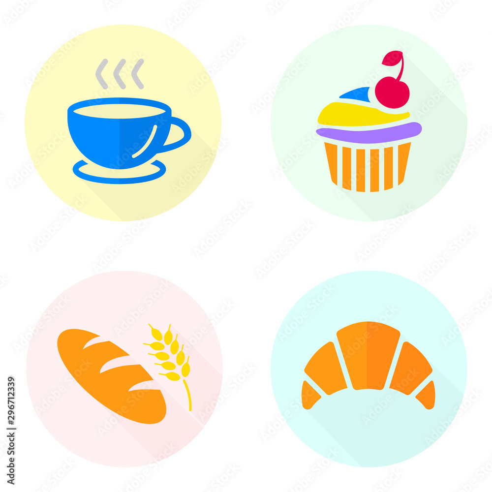 Set of icons: cupcake, bread, muffin, coffee cup, croissant, long loaf. Colorful vector illustrations of pastry, sweets and drinks. Coffee break, breakfast menu.