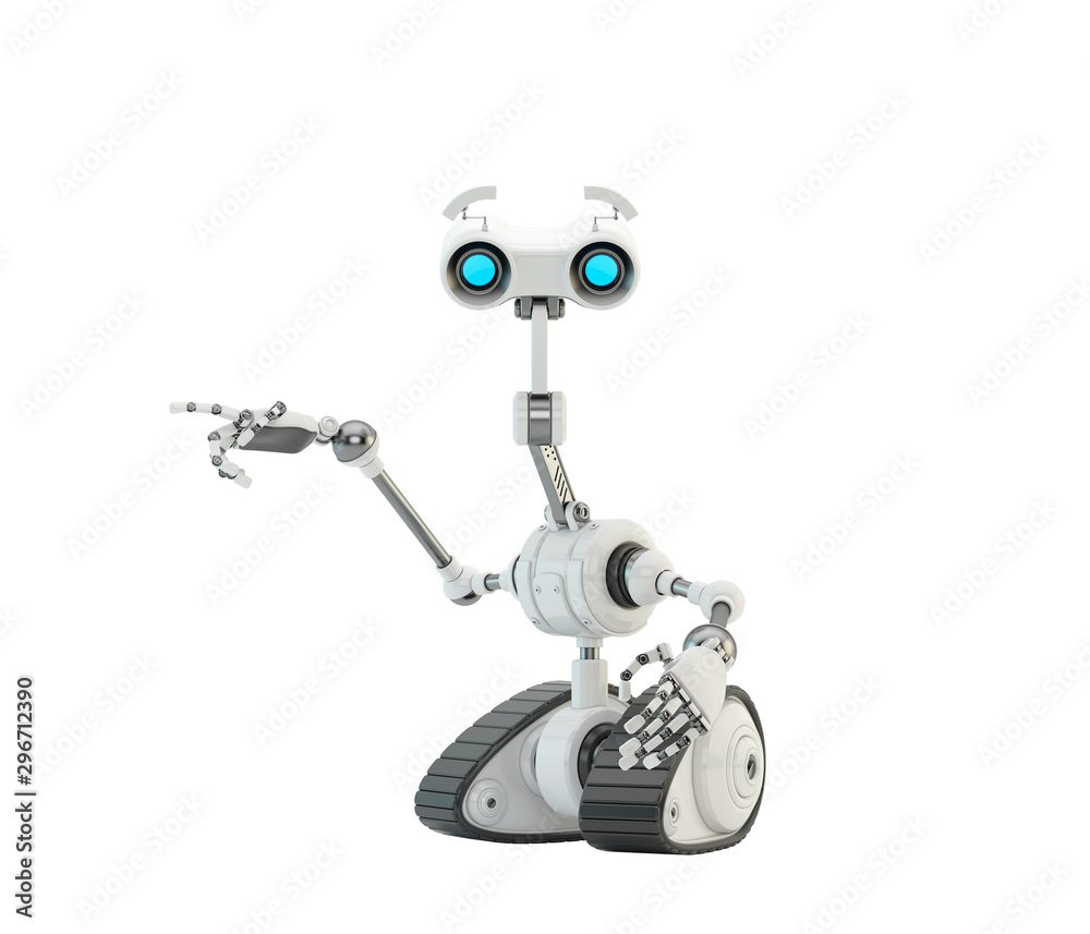 Emotional robotic explorer on tracks showing you something with index finger, 3d rendering in side angle Emotional robotic explorer on tracks showing you something with index finger, 3d rendering in side angle