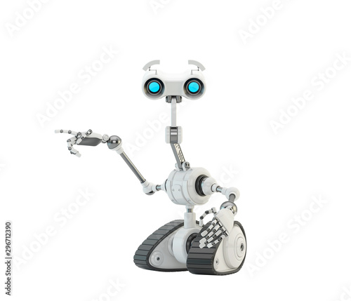 Fototapeta Naklejka Na Ścianę i Meble -  Emotional robotic explorer on tracks showing you something with index finger, 3d rendering in side angle