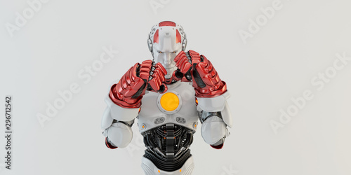 Muscly Robotic Man Wearing Red Boxing Gloves And Punching, front 3d rendering
