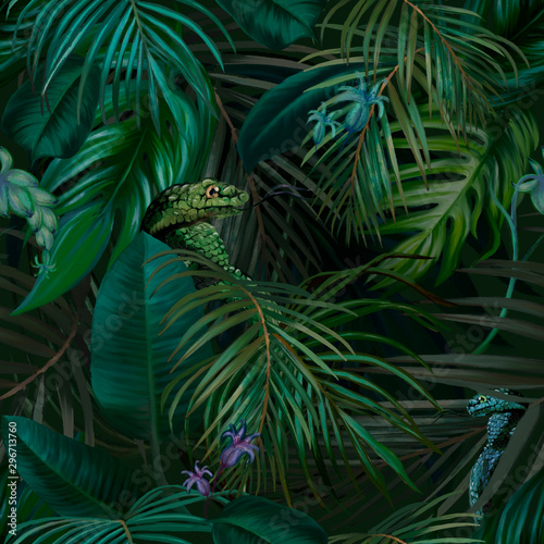 Dark jungle tropical trendy seamless pattern. Surface design illustration