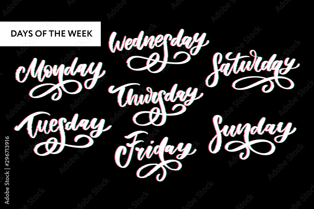 Vector handwritten week days and symbols set. Ink font. Stickers for planner and other. Clipart. Isolated. Vector handwritten week days and symbols set. Ink font. Stickers for planner and other. Clipart. Isolated.
