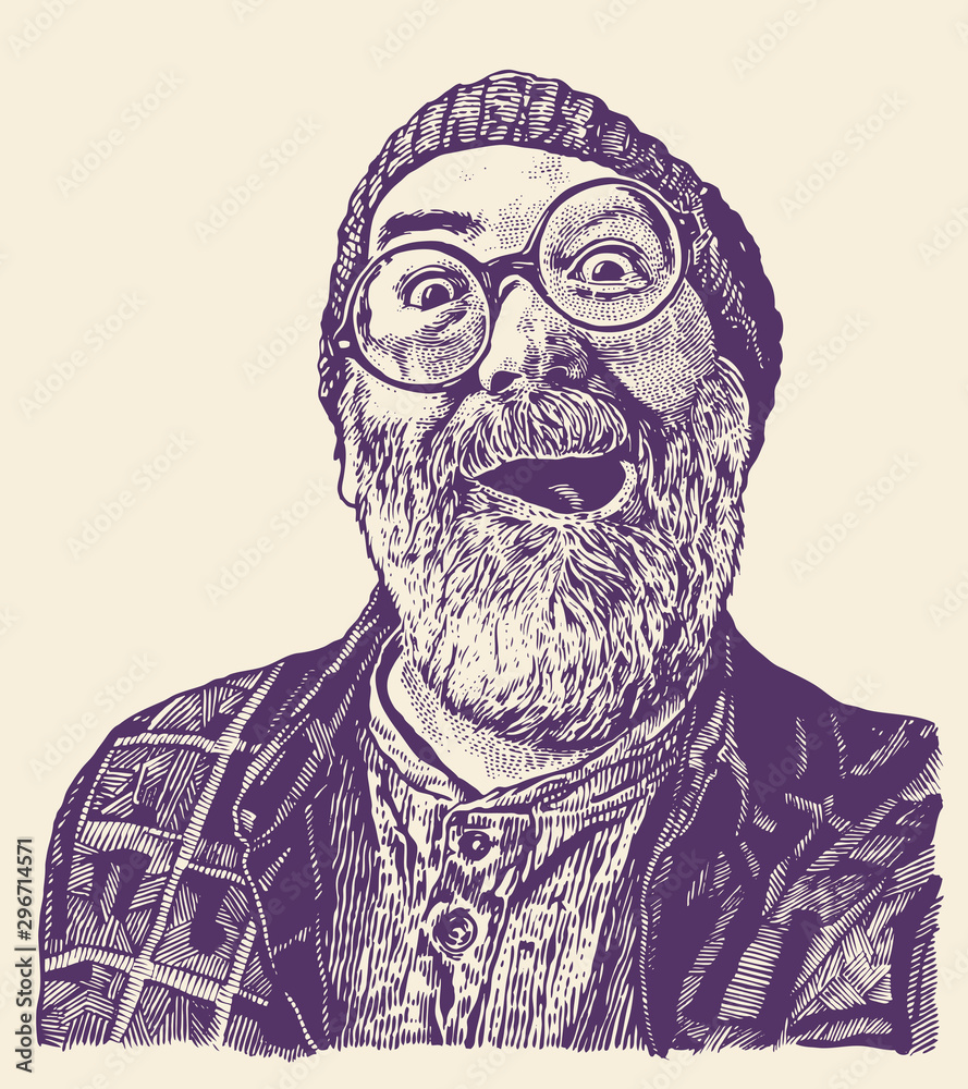 Old Toothless Grandfather In Round Glasses with a moustaches and gray beard. Happy, enthusiastic and surprised. retro engraving style. vector illustration. Old Toothless Grandfather In Round Glasses with a moustaches and gray beard. Happy, enthusiastic and surprised. retro engraving style. vector illustration.