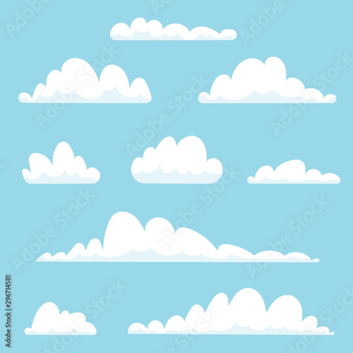 Beautiful white cartoon cloud set isolated on blue background. Vector illustration. © Marina