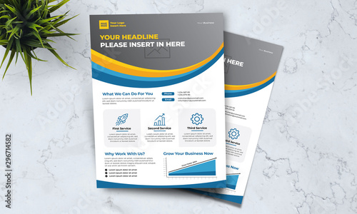 A4 business template flayer vol 28 with orange, blue, white and grey color cmyk ready to print in vector editable layer