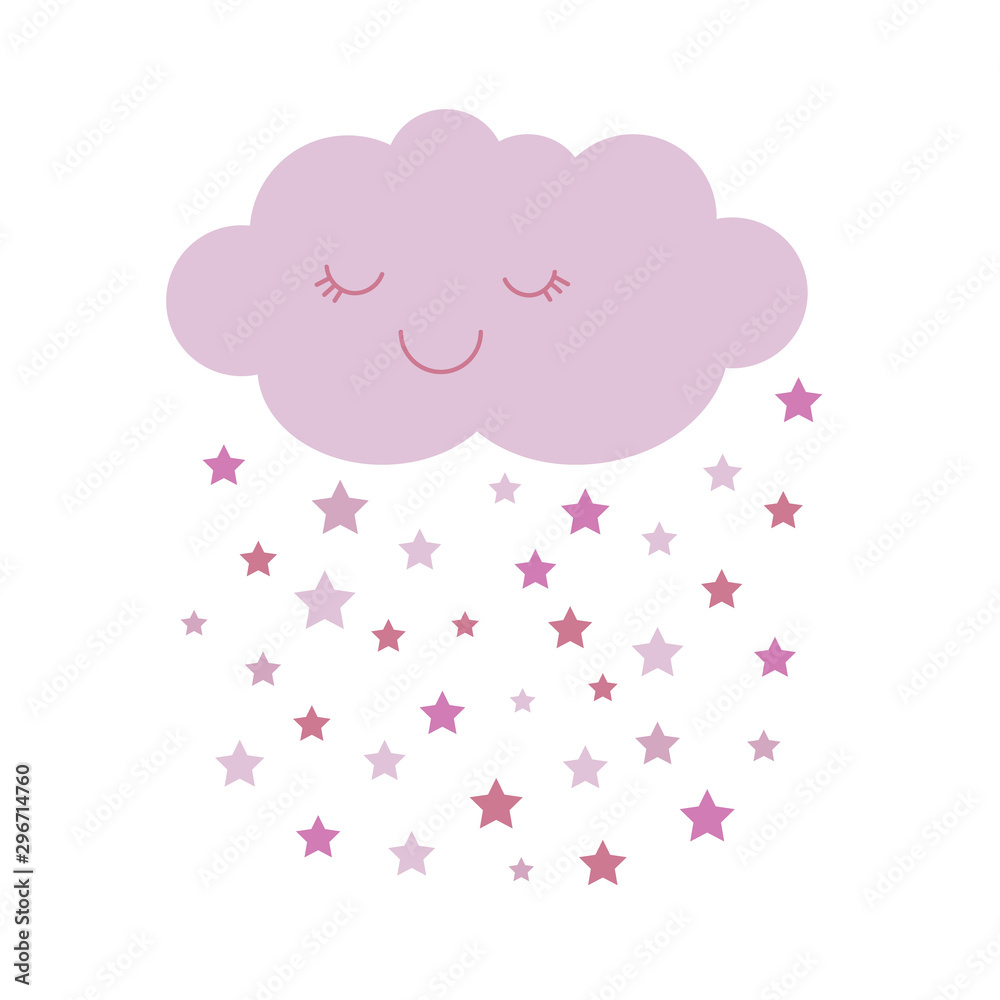Cute vector illustration of pink smiling cloud with dropping stars. 