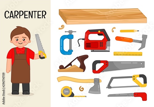 Vector character carpenter. Illustrations of carpenter equipment. Set of cartoon professions.