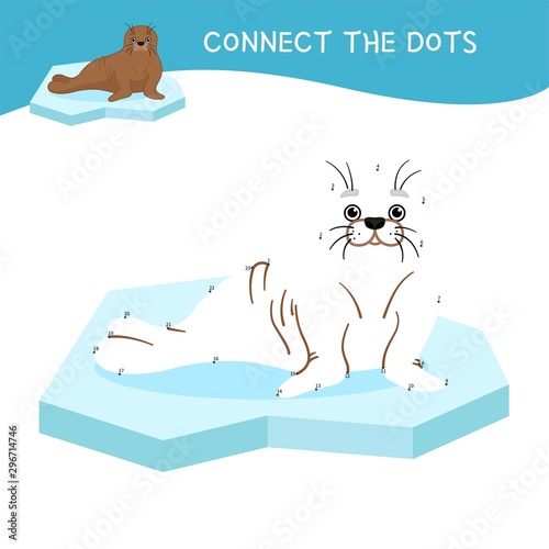 Educational game for kids. Dot to dot game for children. Cartoon cute little walrus.