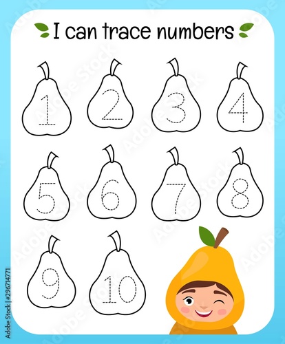 Handwriting practice sheet. Learning numbers. Educational game for children. 