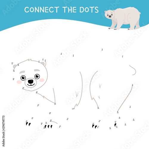Educational game for kids. Dot to dot game for children. Cartoon cute polar bear.