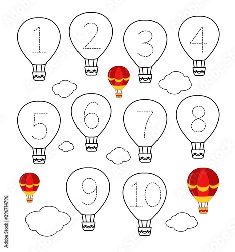 Handwriting practice sheet. Learning numbers 1-10. Educational game for children. Cartoon air balloon.