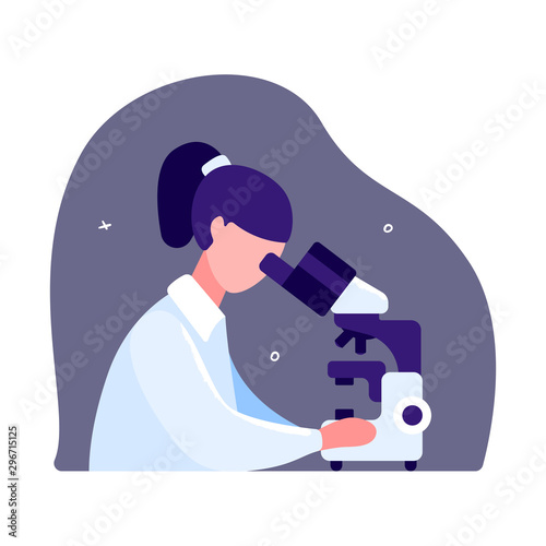 Female scientist sitting at a table and looking through a microscope. The study of microorganisms and bacteria using modern microscopes.