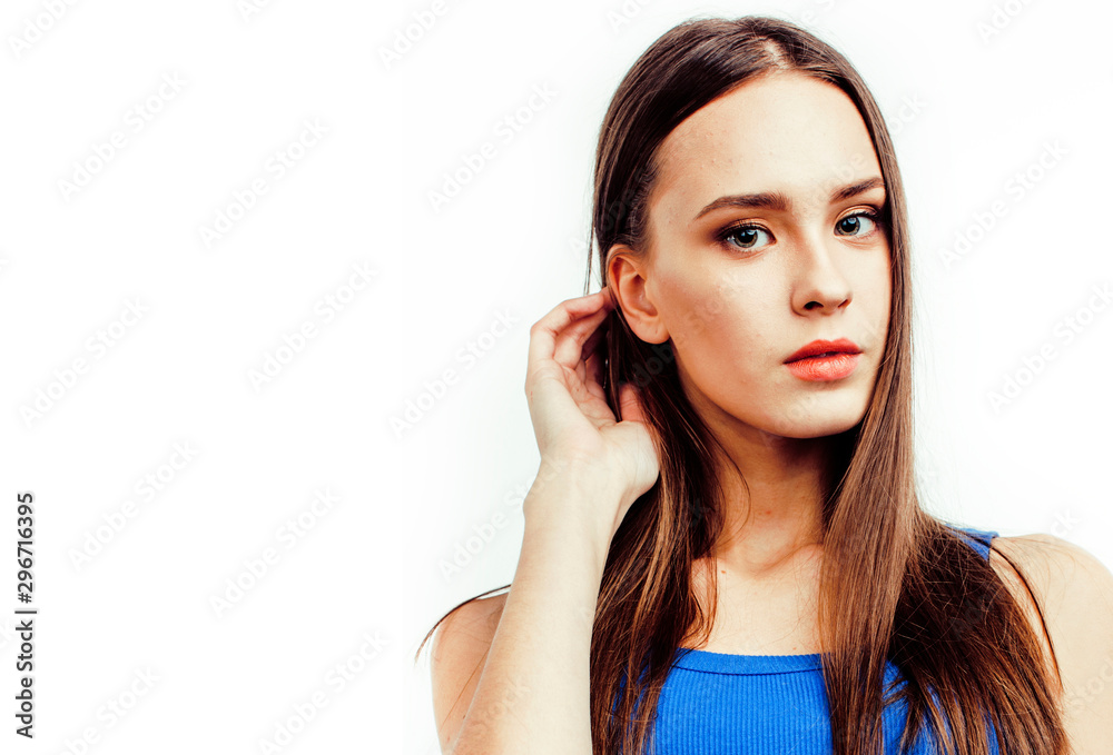 young pretty teenage hipster girl posing emotional happy smiling on white background, lifestyle people concept closeup young pretty teenage hipster girl posing emotional happy smiling on white background, lifestyle people concept closeup