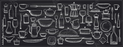 Chalk graphic doodle set of kitchen utensils and tableware