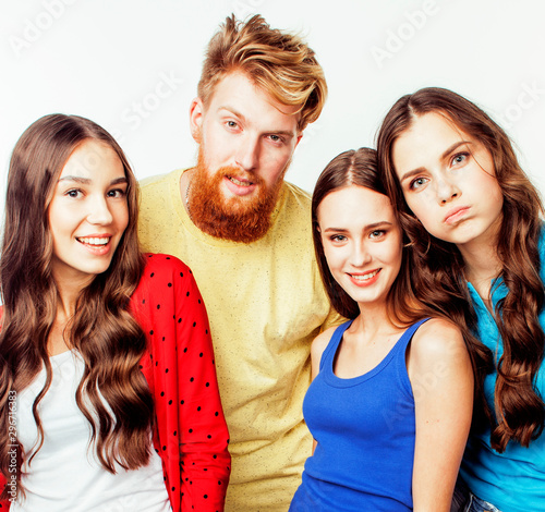 company of hipster guys  bearded red hair boy and girls students having fun together friends  diverse fashion style  lifestyle people concept isolated on white background