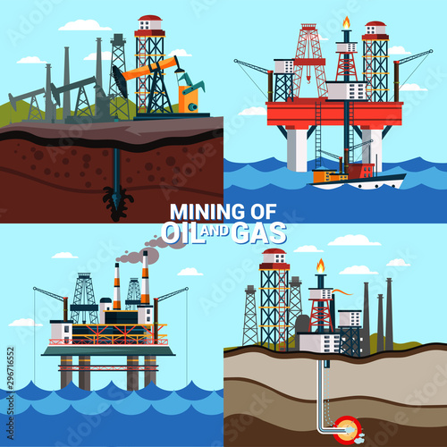 Oil and gas mining flat banner vector template